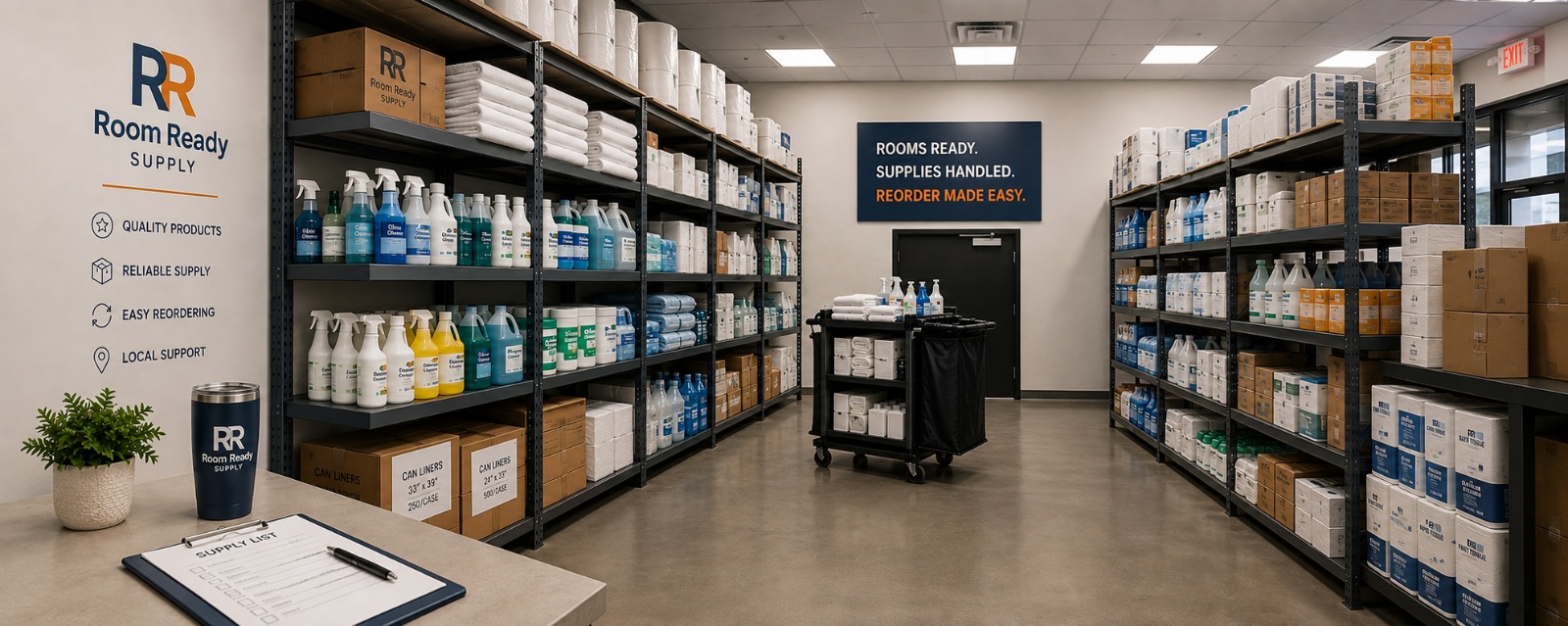 Room Ready Supply warehouse shelving stocked with hospitality supplies